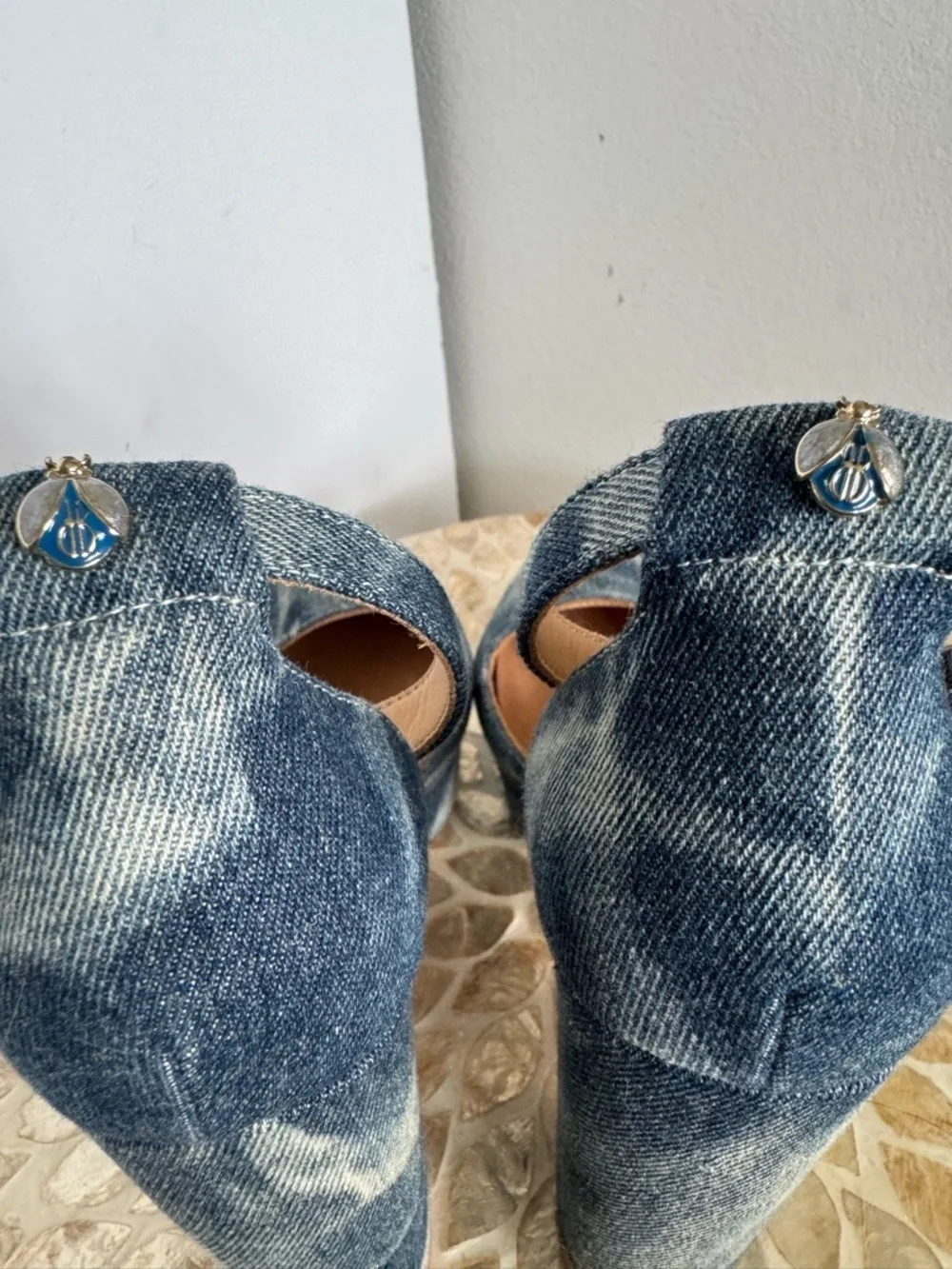 Bill Blass Blue Ellie Bleached Denim Tie-Dye Platform Ankle-Strap Heels